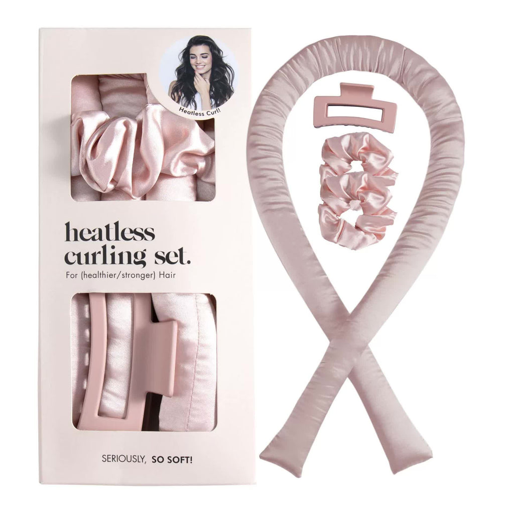 Silk- 5PCS Pink Heatless Hair Curling Set with Scrunchie and Hair Clip - Silk Curling Ribbon