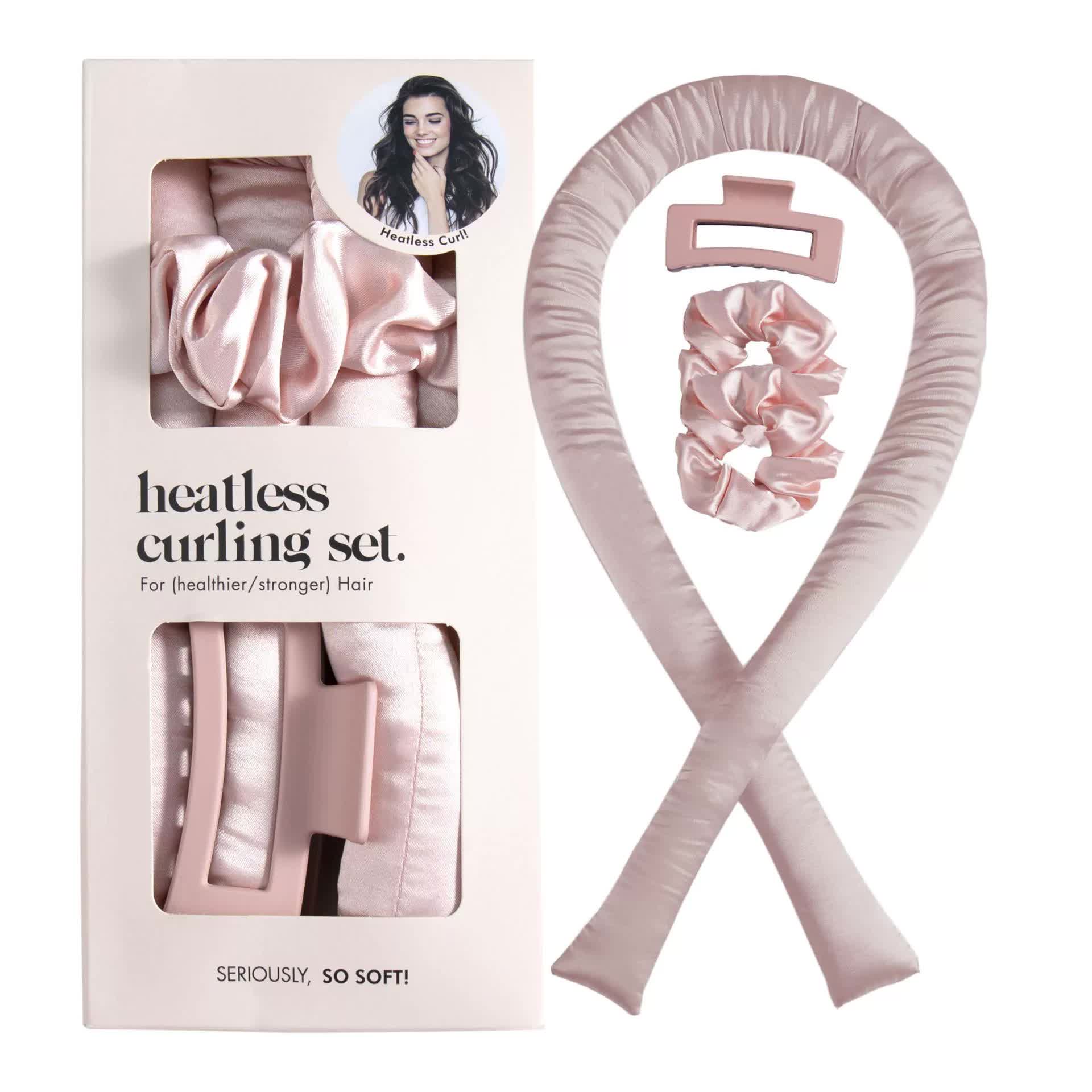 Silk- 5PCS Pink Heatless Hair Curling Set with Scrunchie and Hair Clip - Silk Curling Ribbon