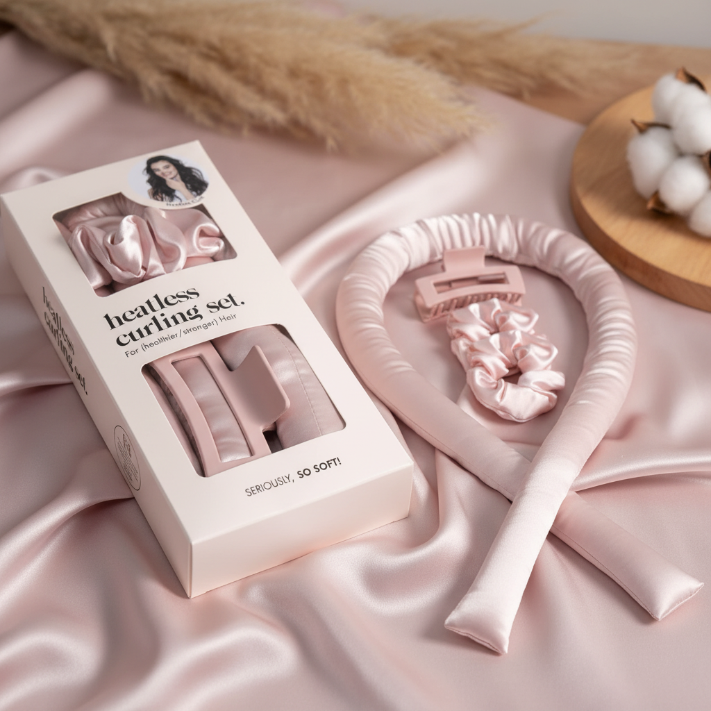 Silk- 5PCS Pink Heatless Hair Curling Set with Scrunchie and Hair Clip - Silk Curling Ribbon