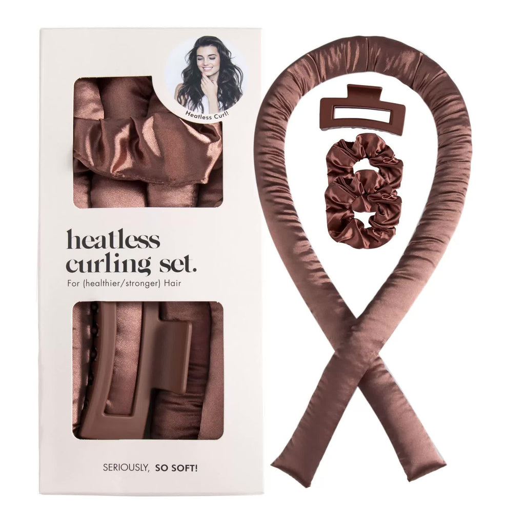 Silk- 5 pieces of Brown Heatless Hair Curling Set with Scrunchie and Hair Clip