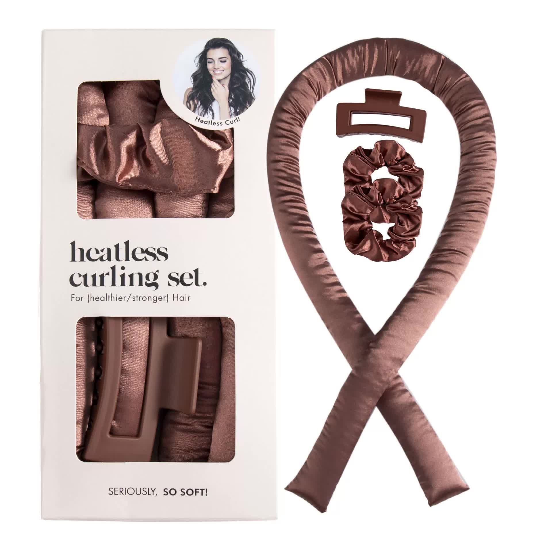 Silk- 5 pieces of Brown Heatless Hair Curling Set with Scrunchie and Hair Clip